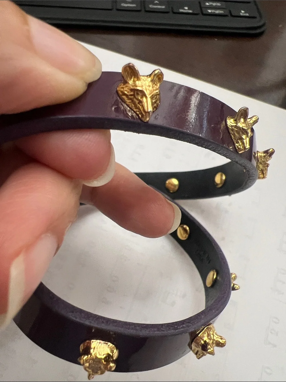 Tory Burch Leather Plum Patent Double-Wrap Bracelet with Gold Fox Studs